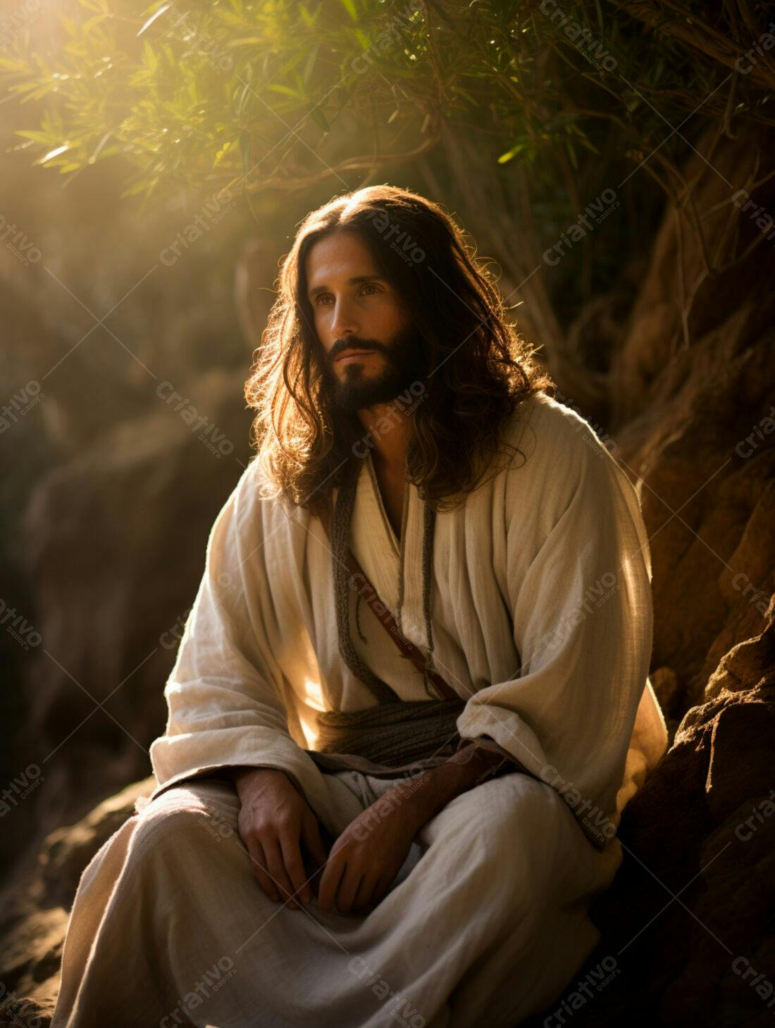 Jesus meditando em cenário rochoso ao entardecer
