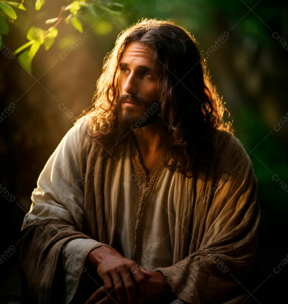 Jesus meditando em floresta ao entardecer