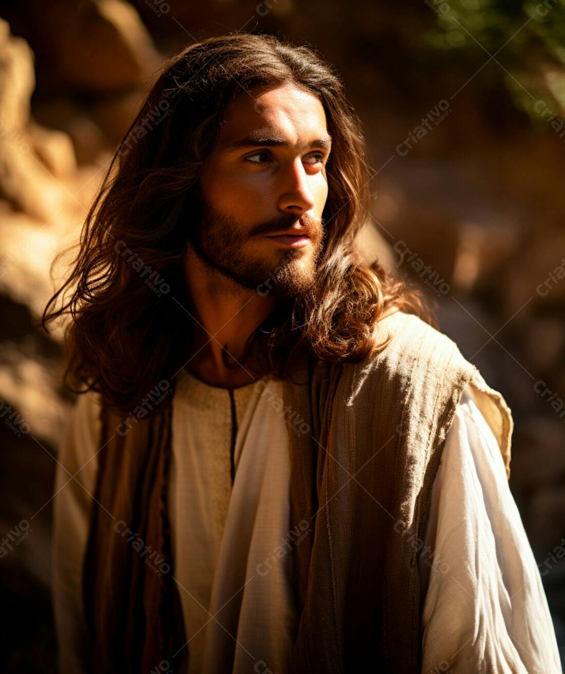 Jesus Cristo em cenário rochoso ao entardecer