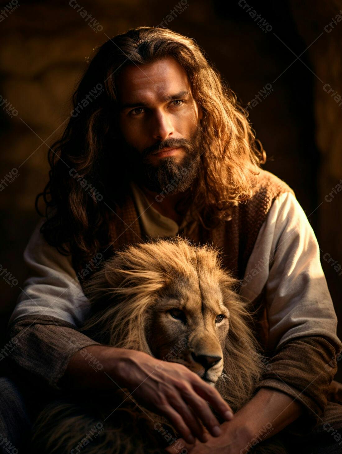 Jesus com Leão Marrom em Ambiente Escuro