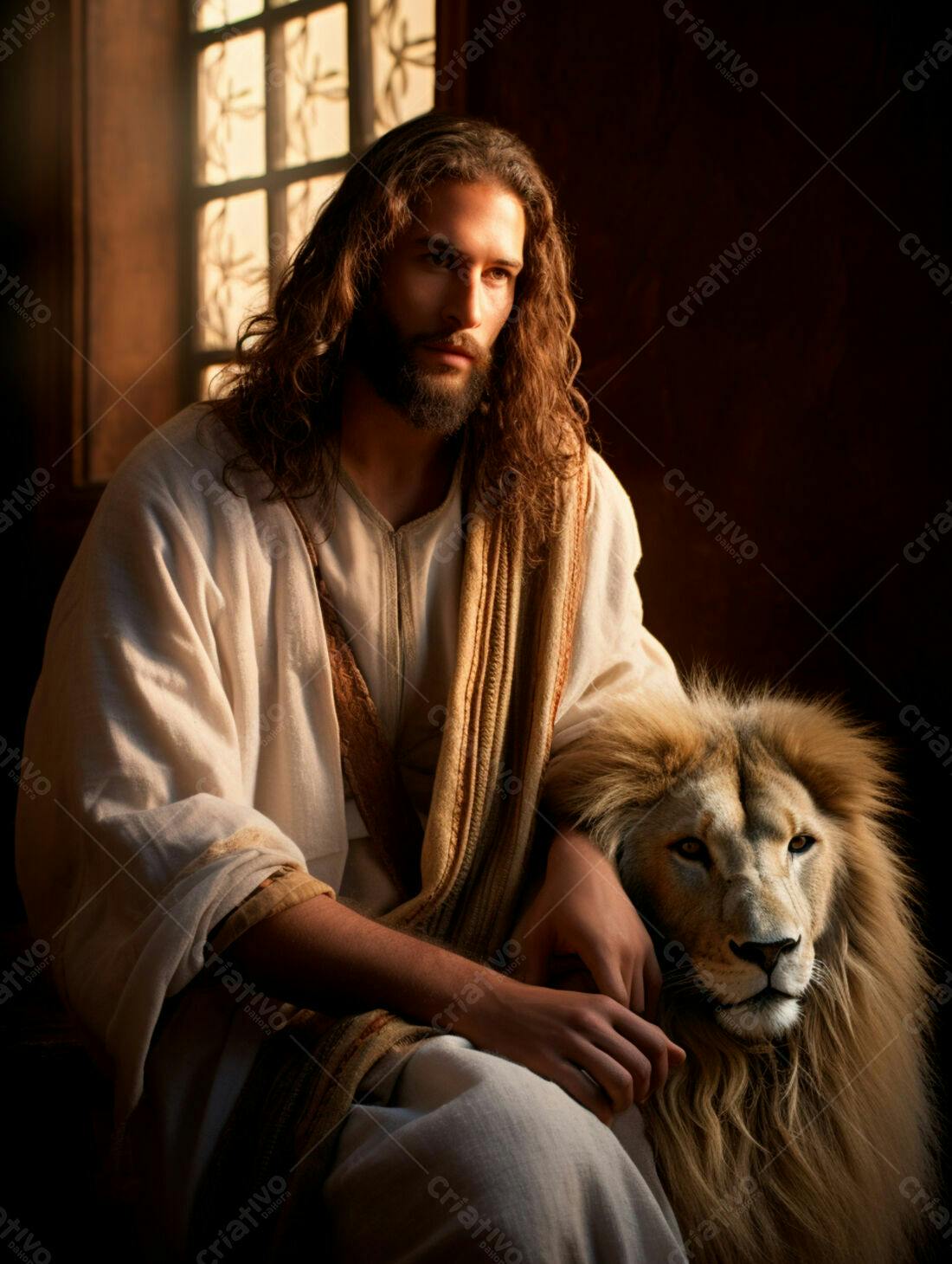 Jesus com Leão Tranquilo em Ambiente Escuro