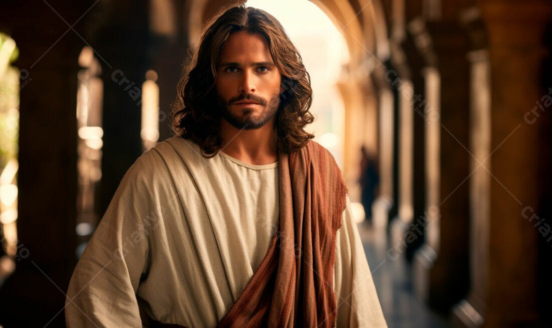Jesus Cristo retrato sério em corredor antigo