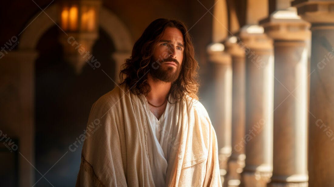 Jesus Cristo meditando em colunata antiga