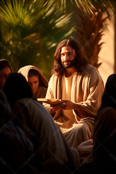 Jesus cristo em um cenário histórico, com manto tradicional, cercado por arquitetura antiga 36