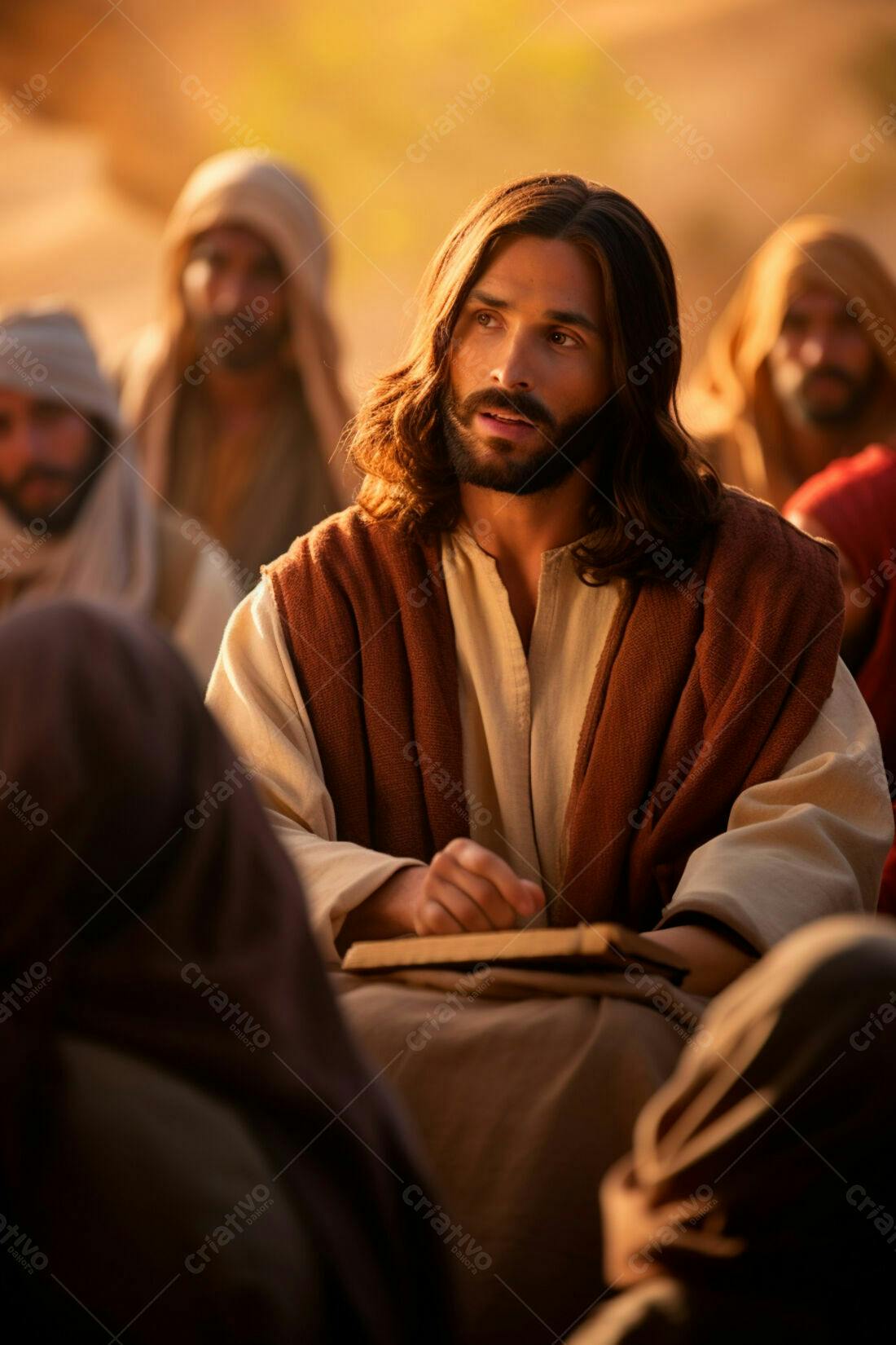 Jesus ensinando multidão em tons terrosos