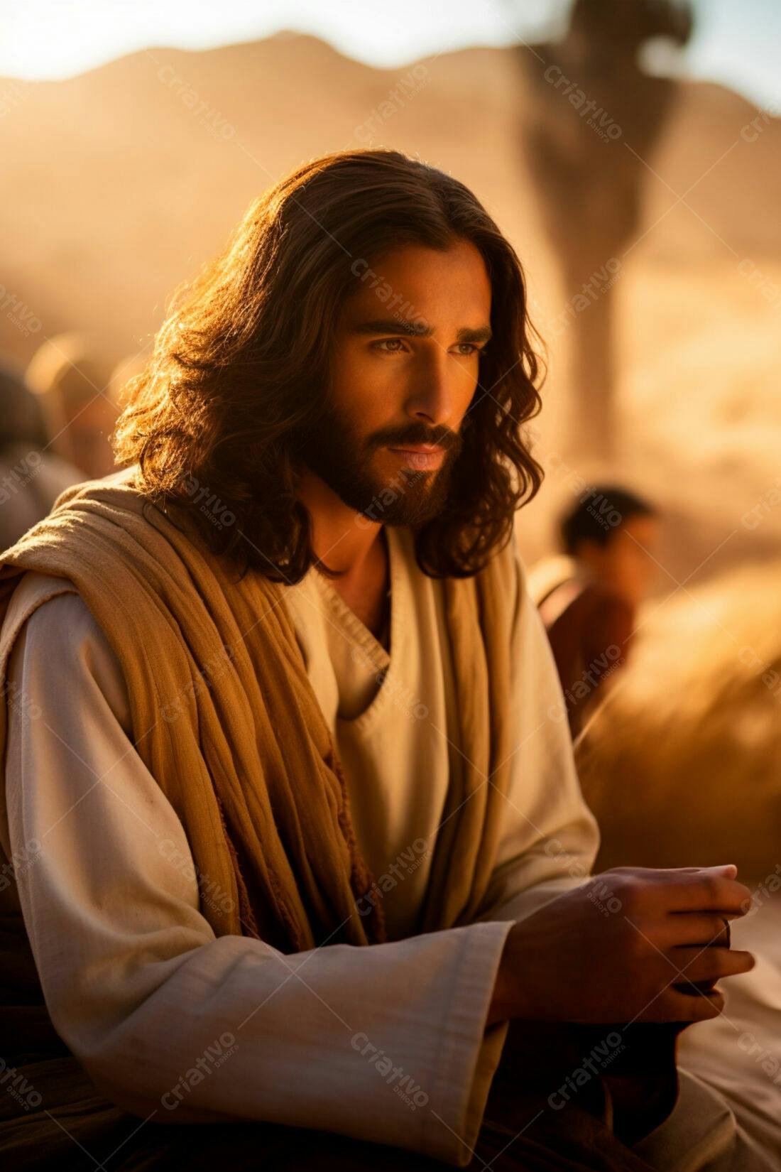 Jesus meditando no deserto ao entardecer
