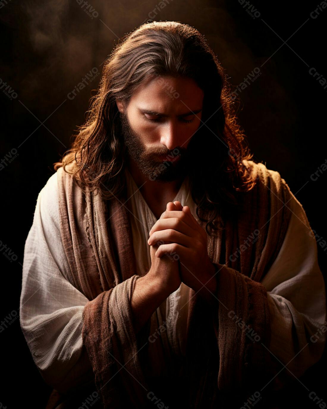 Jesus orando fundo escuro tons terrosos