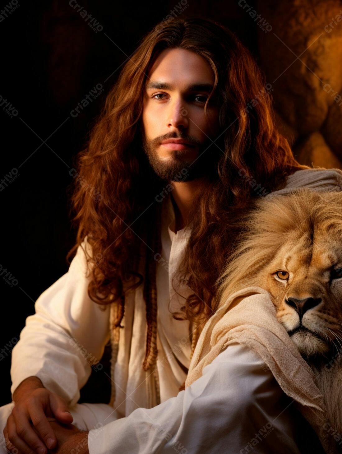 Jesus com leão manso em tons terrosos