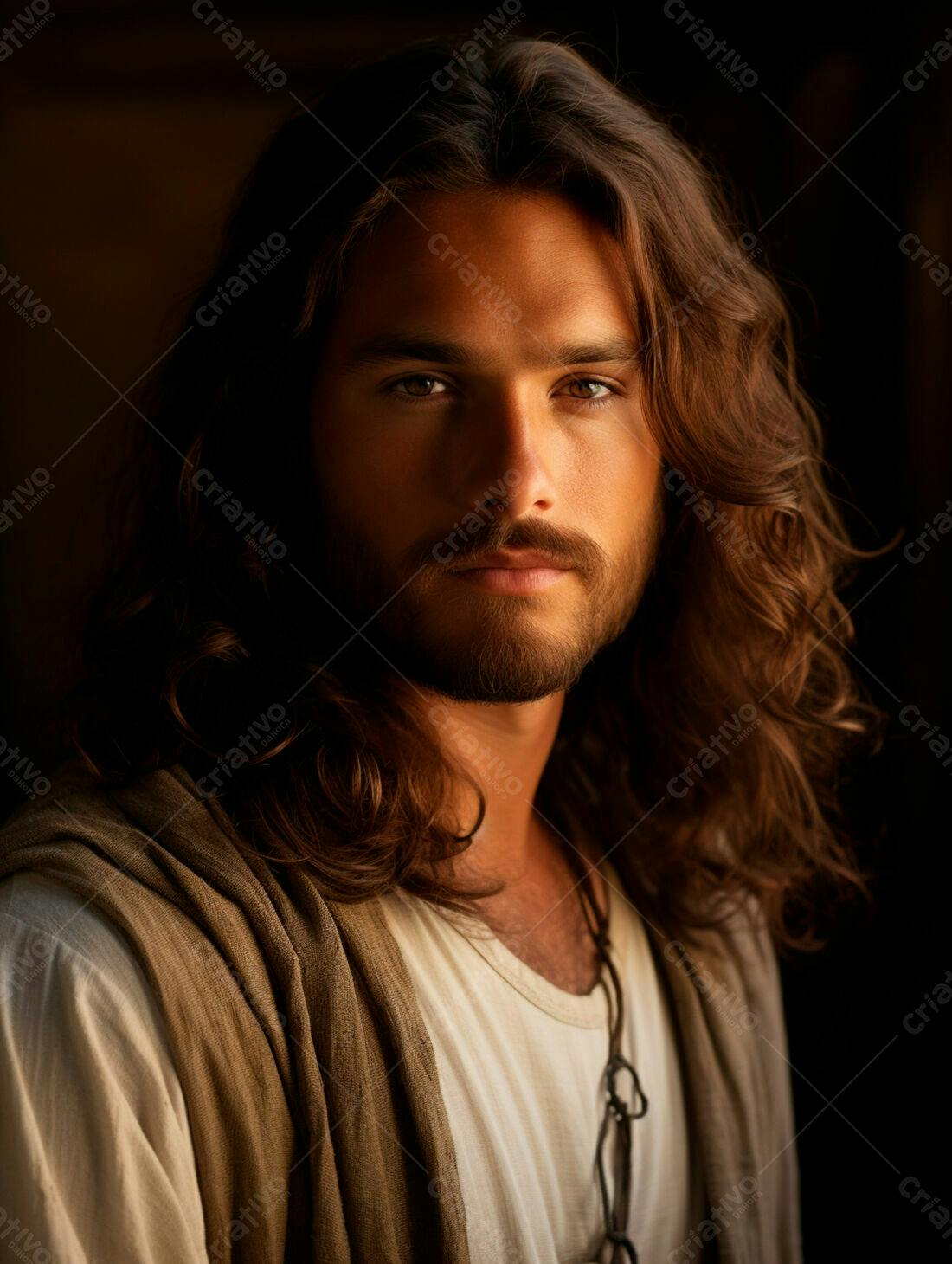 Retrato homem Jesus cabelo longo tons terrosos