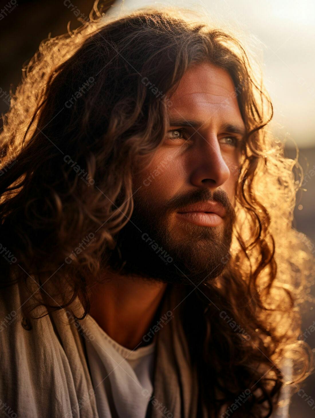 Homem com cabelos longos e barba contemplativo ao pôr do sol