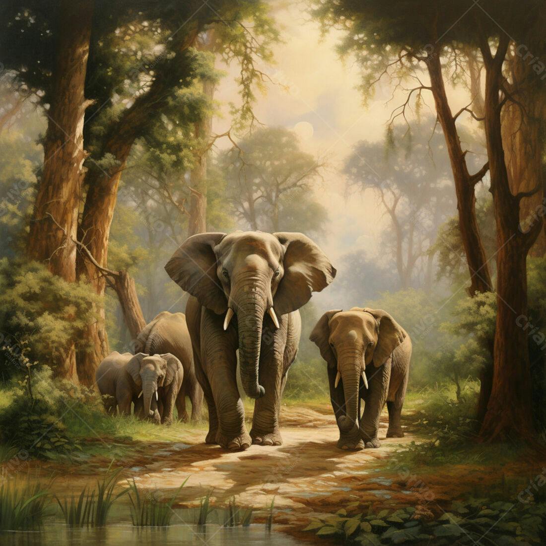 Elefantes na floresta africana ao amanhecer