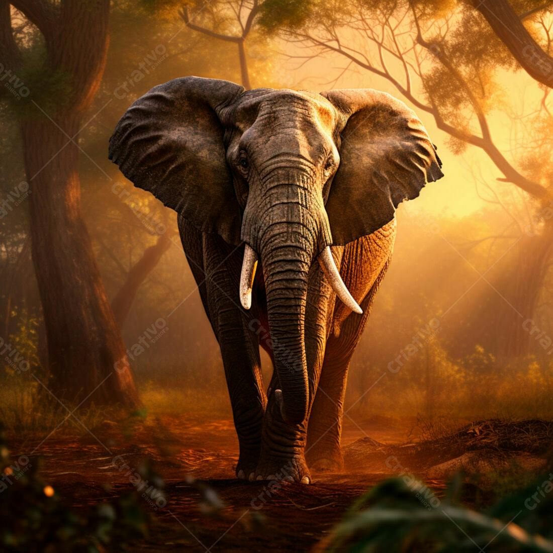 Elefante Africano na Savana ao Entardecer