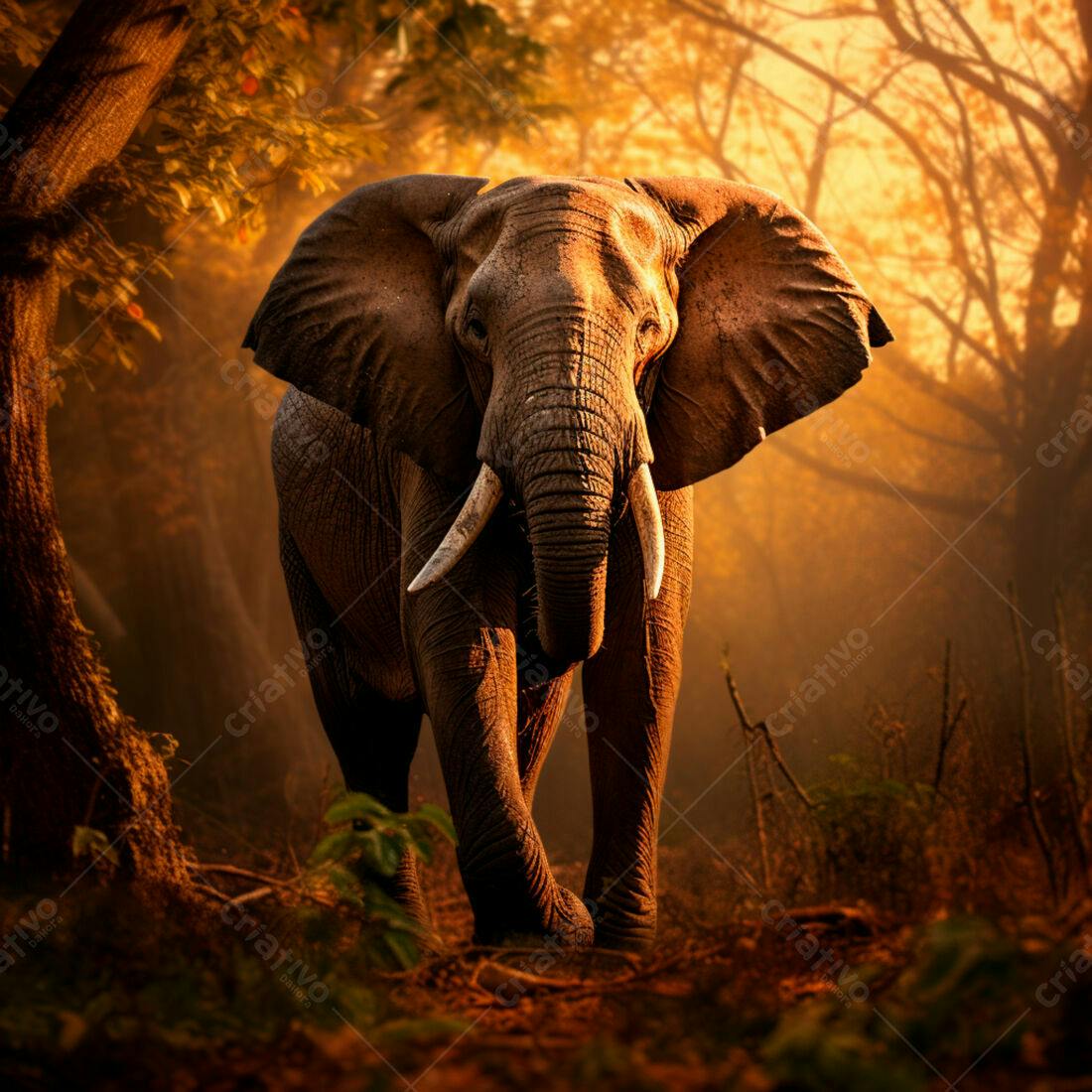 Elefante Africano em floresta ao amanhecer