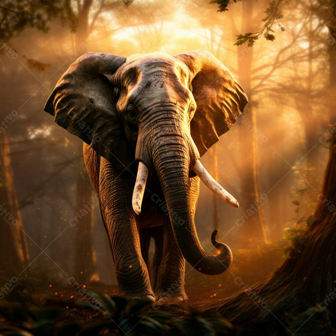 Elefante na floresta ao pôr do sol