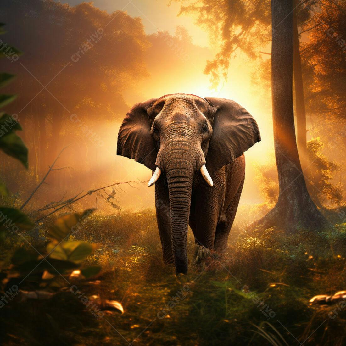 Elefante na floresta ao entardecer