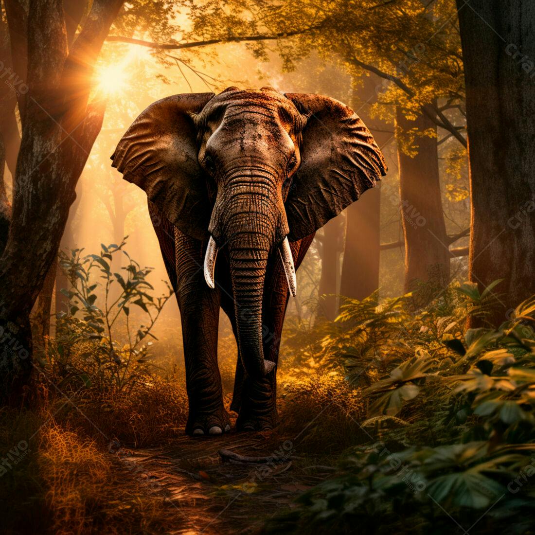 Elefante na floresta ao nascer do sol