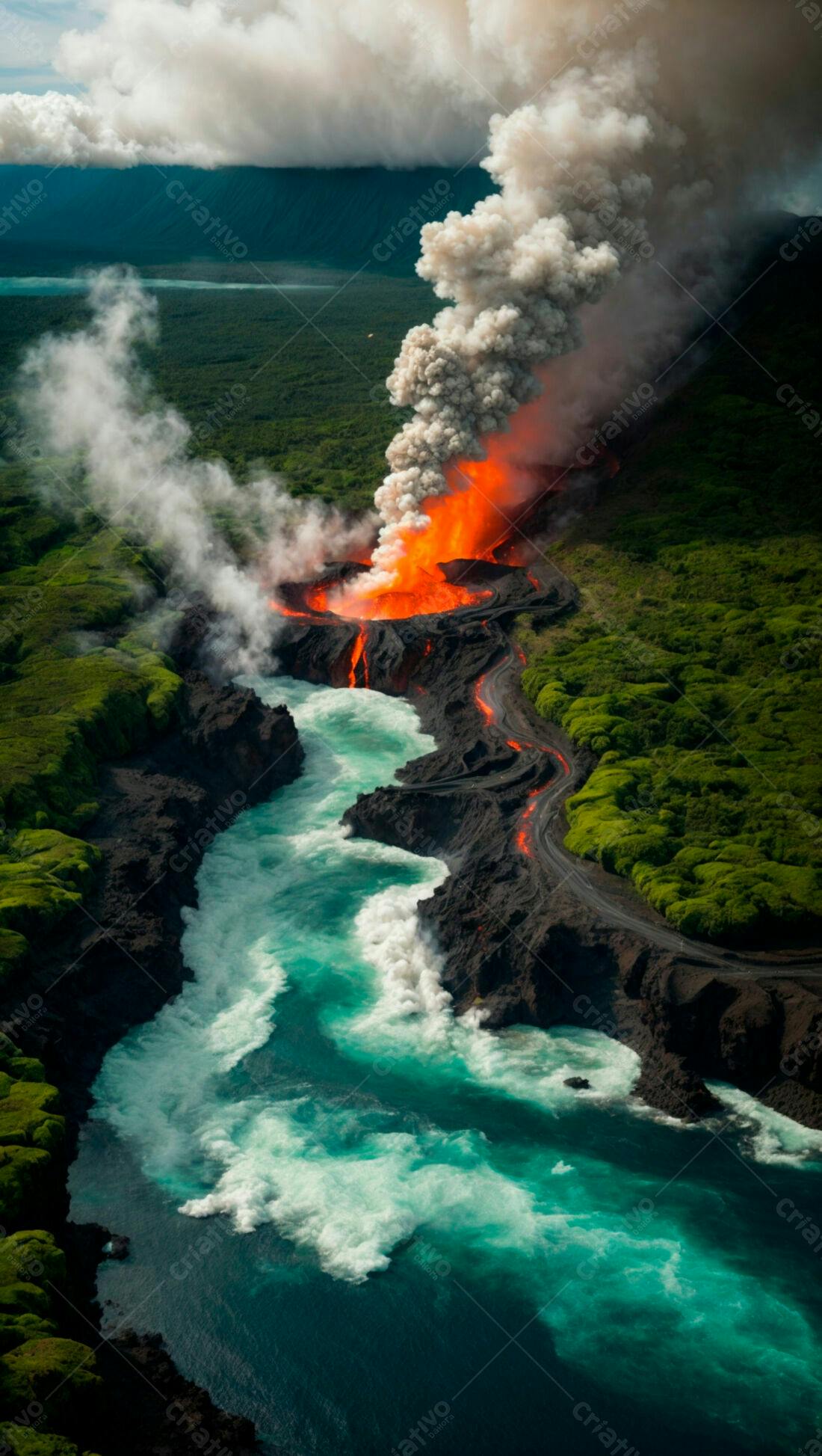 Lava vulcânica encontrando o mar
