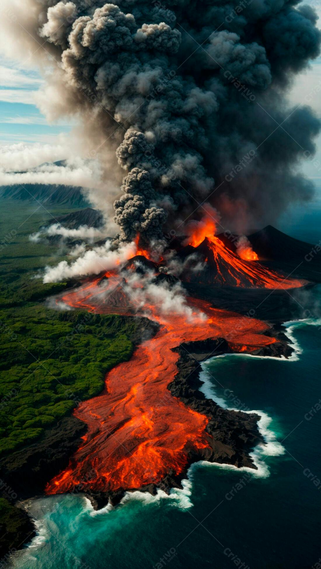 Erupção vulcânica com lava e fumaça