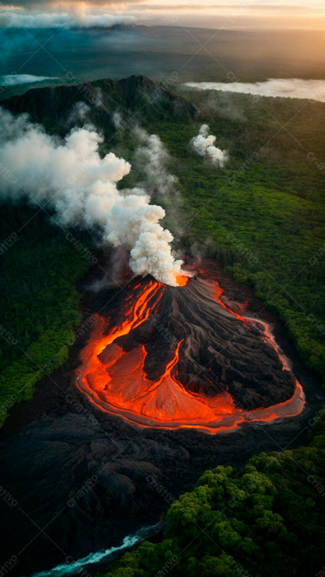 Vulcão em erupção com lava incandescente