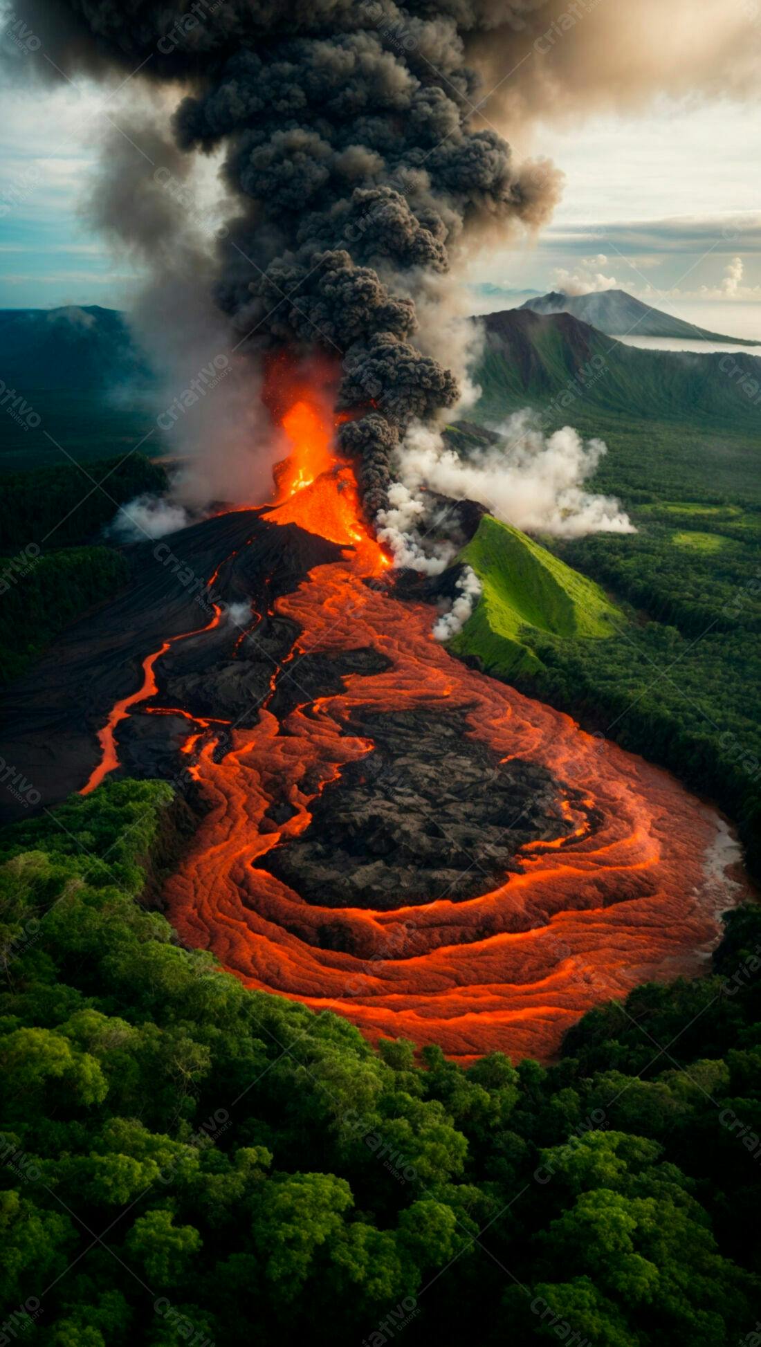 Erupção vulcânica com lava laranja e fumaça escura