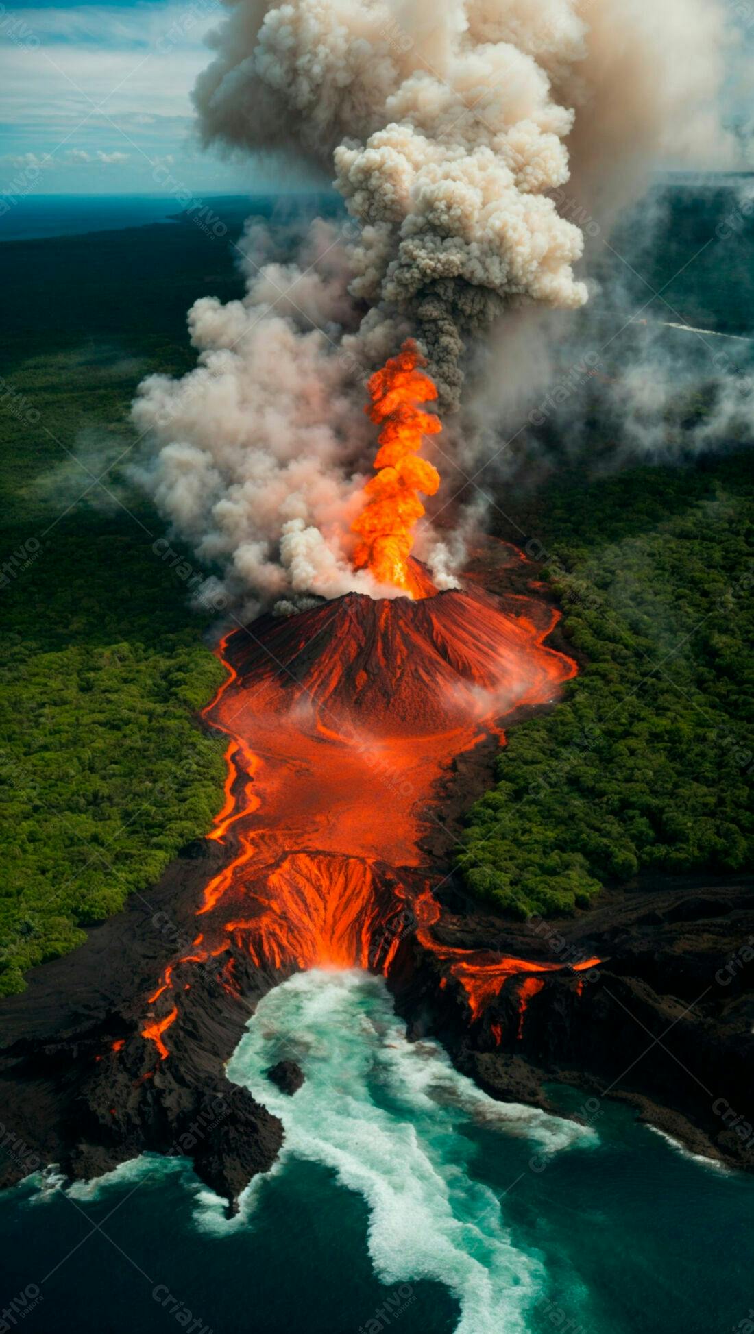 Vulcão em erupção com lava incandescente