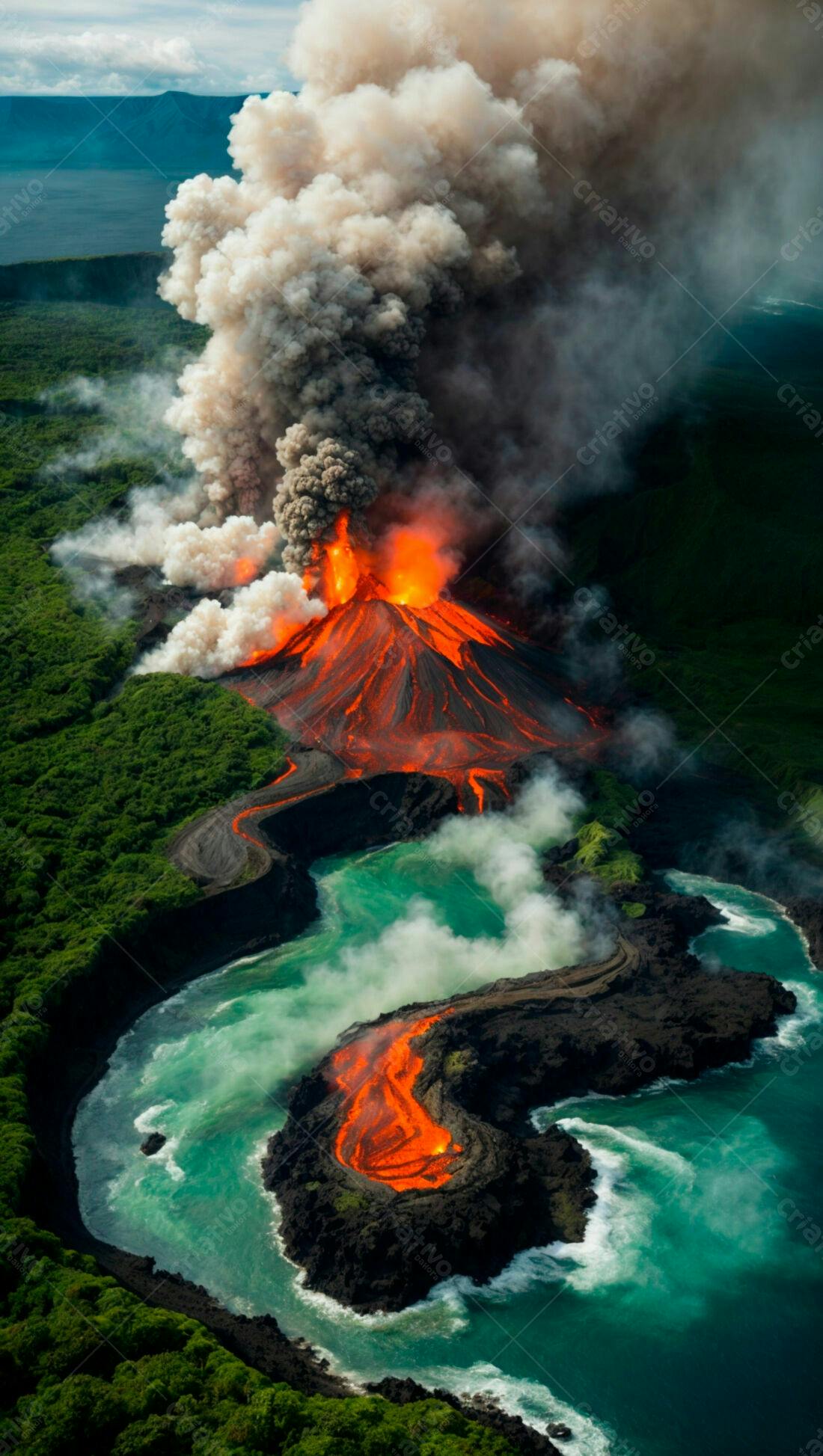 Vulcão em erupção com lava alcançando o mar