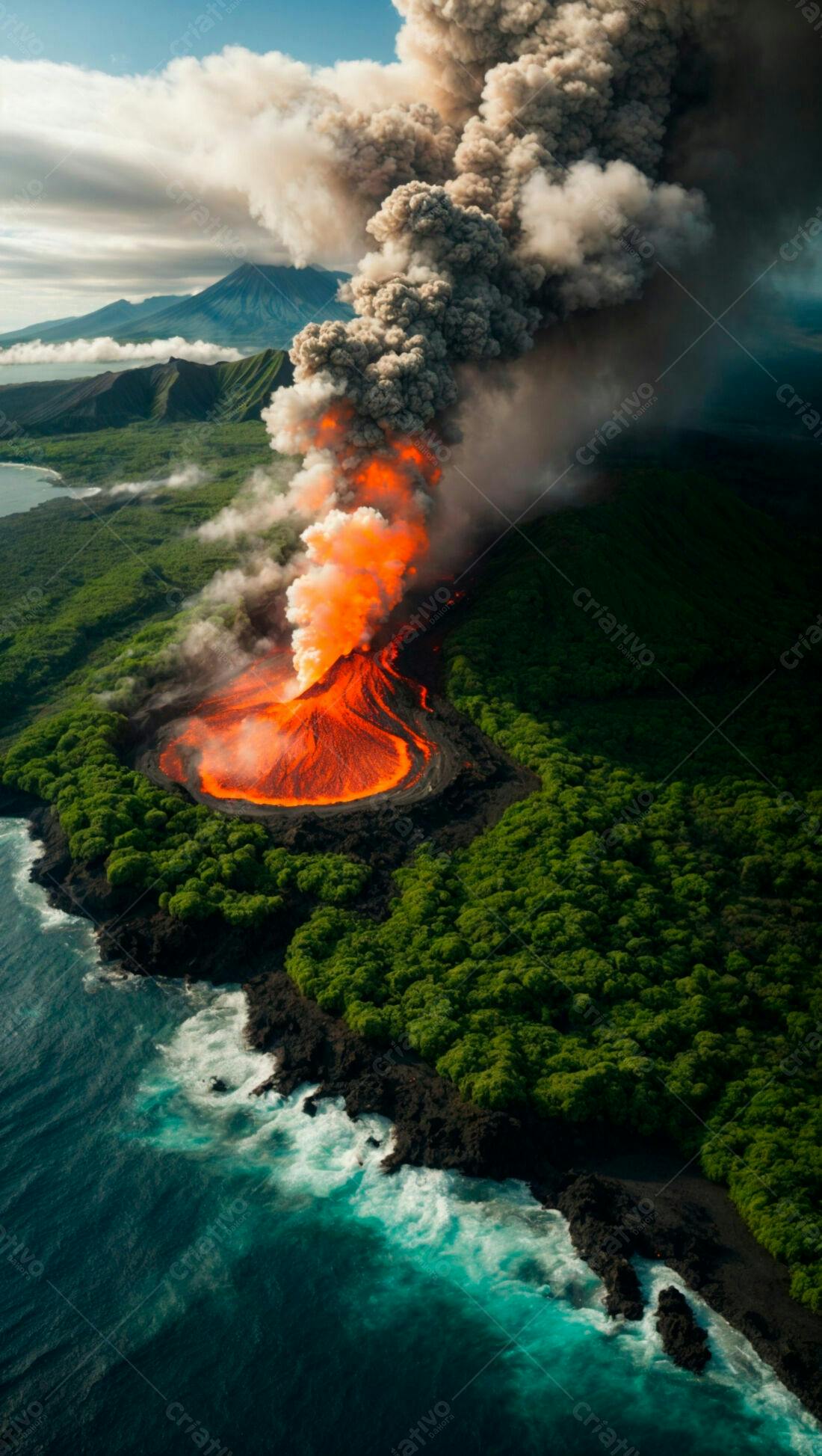 Vulcão em erupção na costa tropical