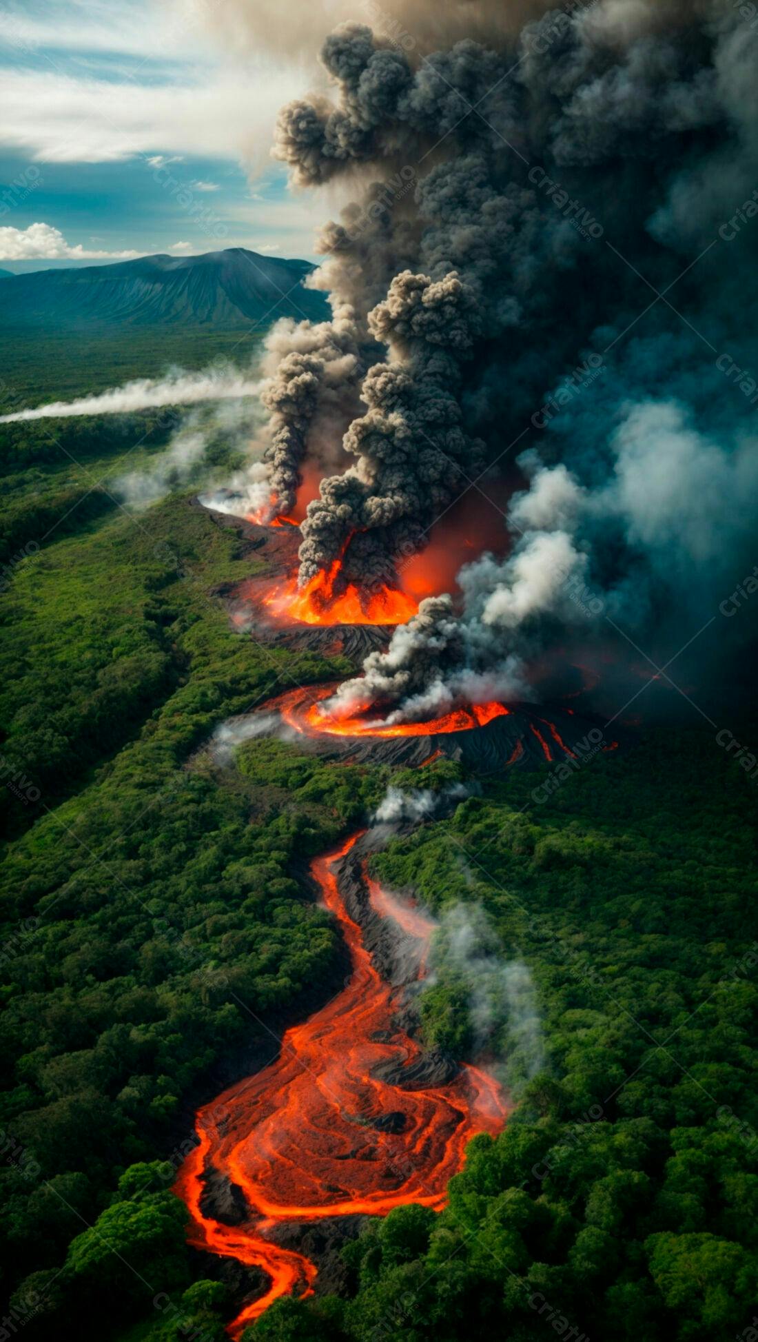 Erupção vulcânica intensa com lava e fumaça