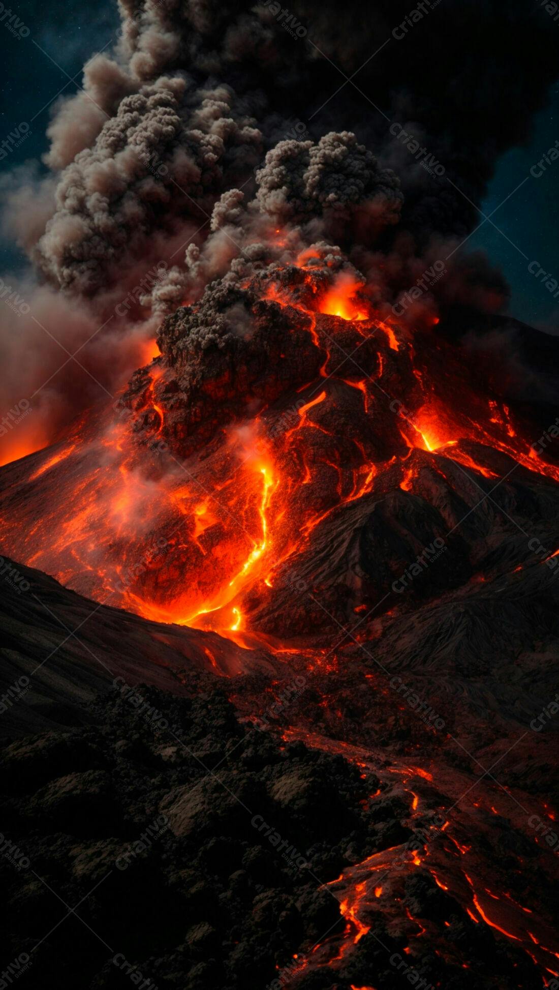Erupção vulcânica noturna com lava incandescente