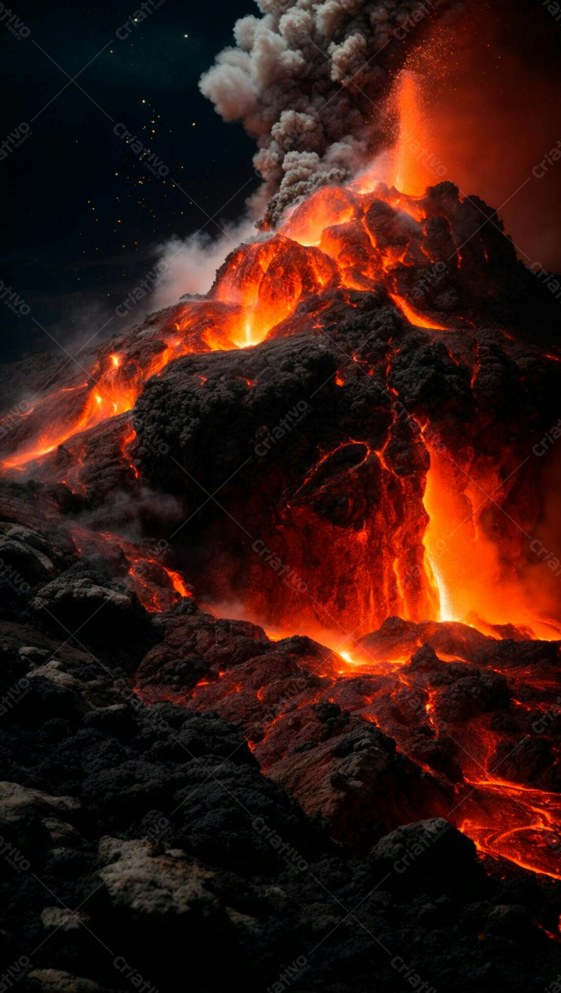 Erupção vulcânica noturna lava incandescente