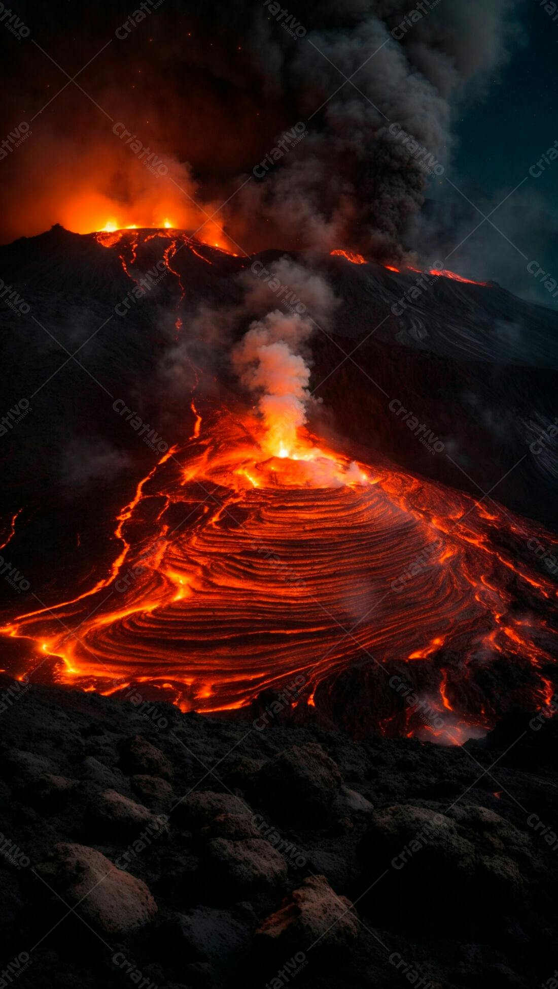 Erupção vulcânica noturna lava incandescente