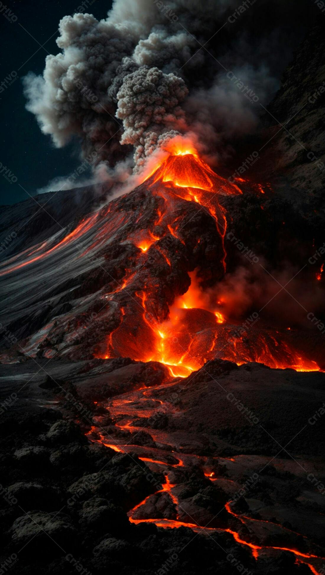 Vulcão em erupção noturna com lava e fumaça