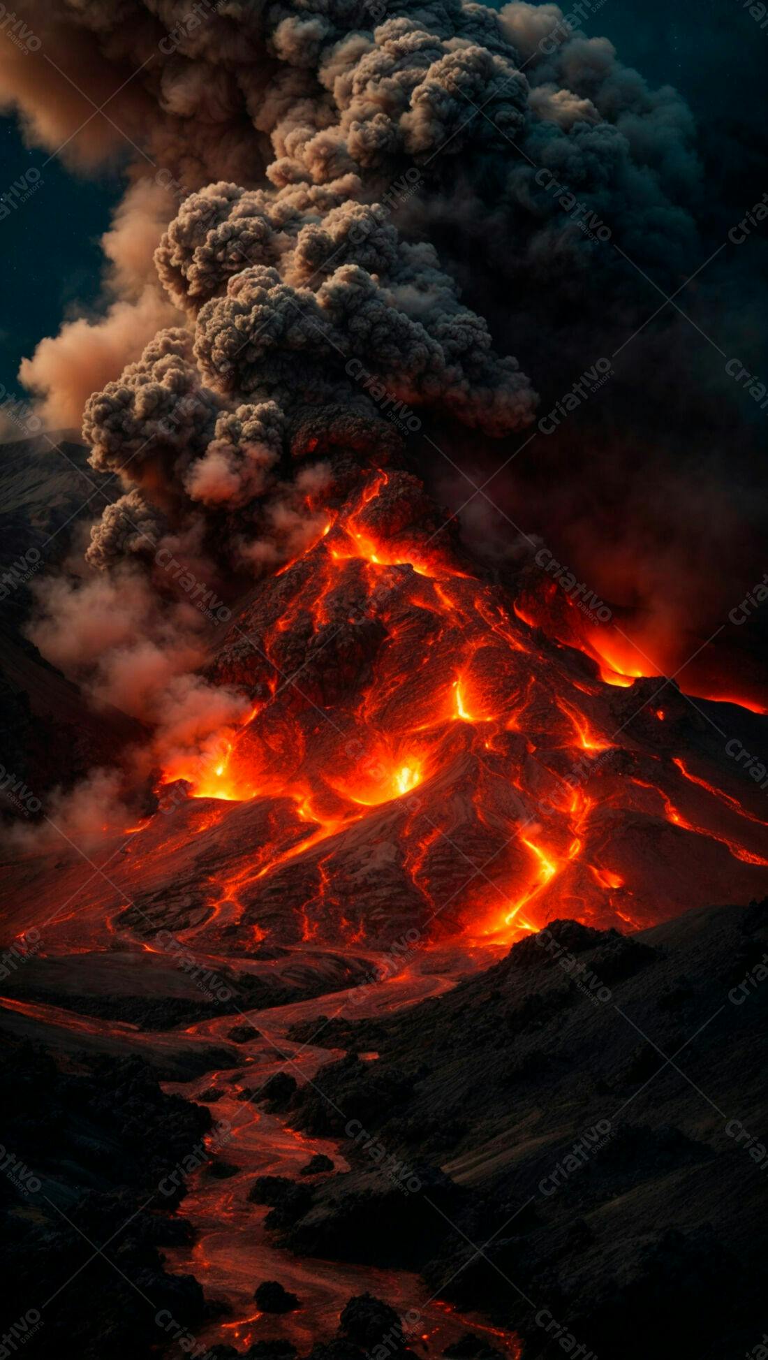 Vulcão em erupção noite lava incandescente