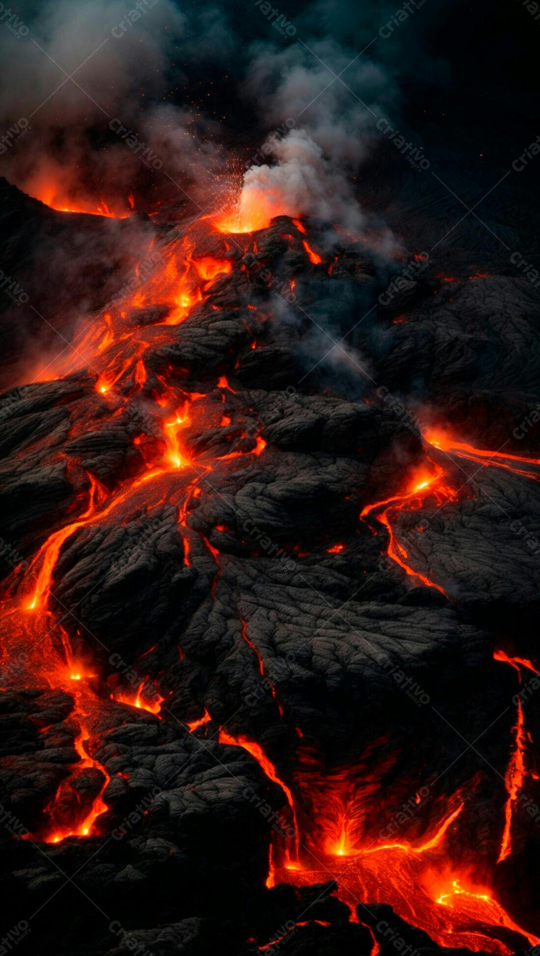 Erupção vulcânica noturna com lava incandescente