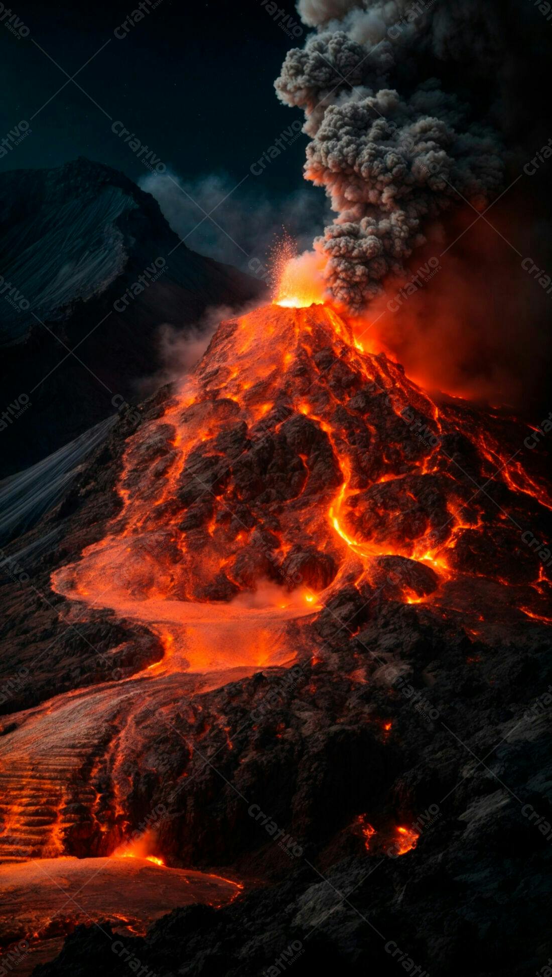 Erupção vulcânica noturna com lava incandescente