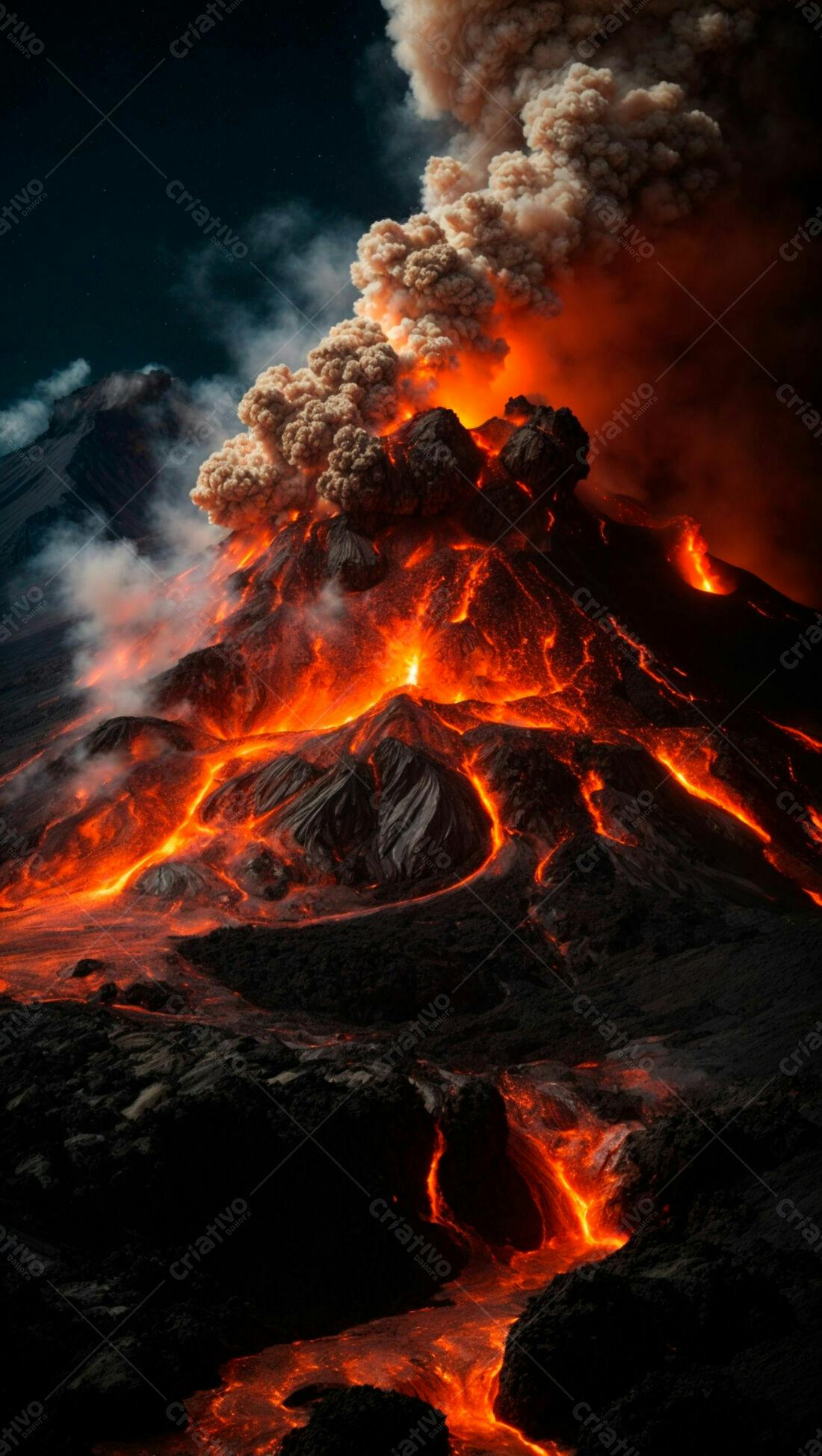 Erupção vulcânica noturna com lava e fumaça