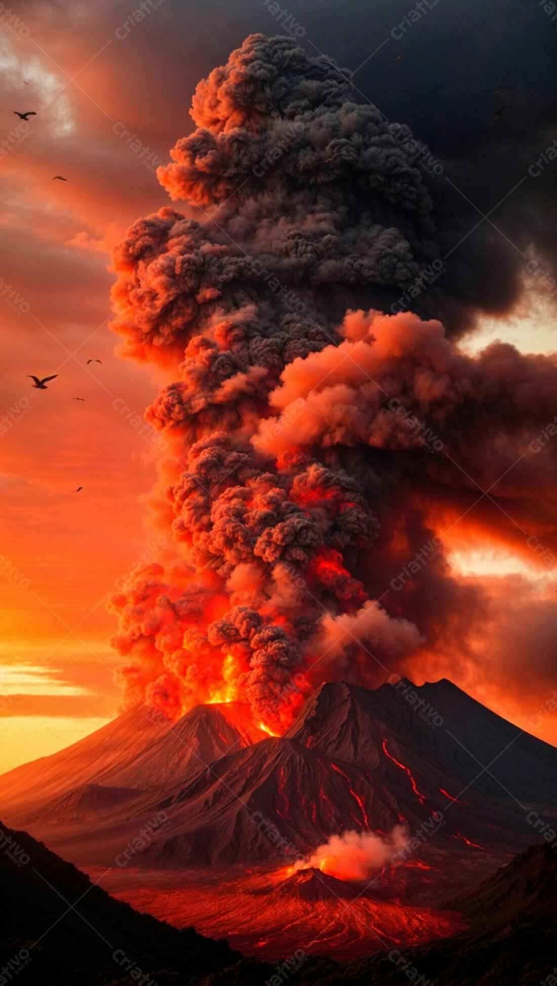Vulcão em erupção ao pôr do sol