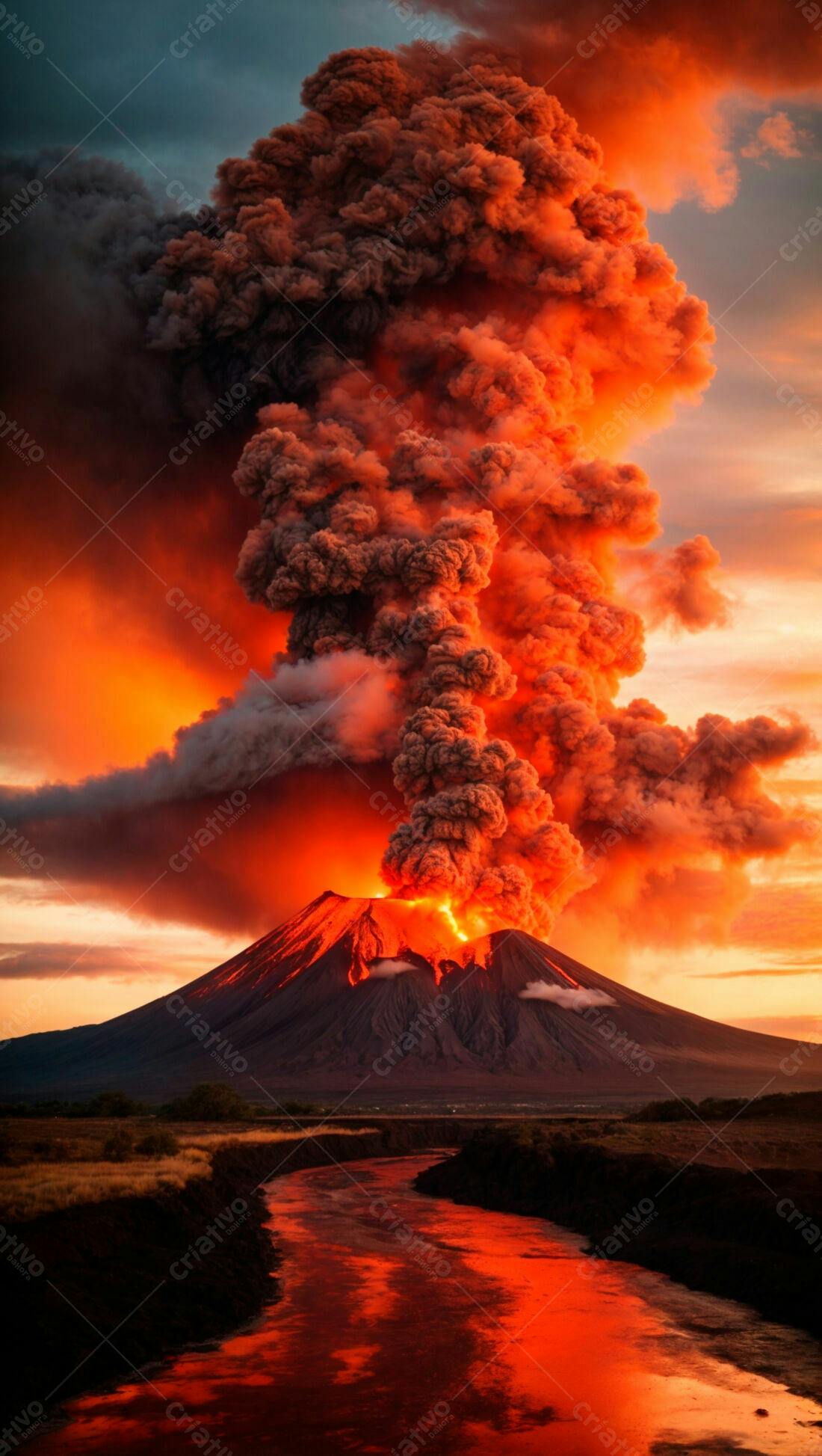 Vulcão em erupção ao pôr do sol