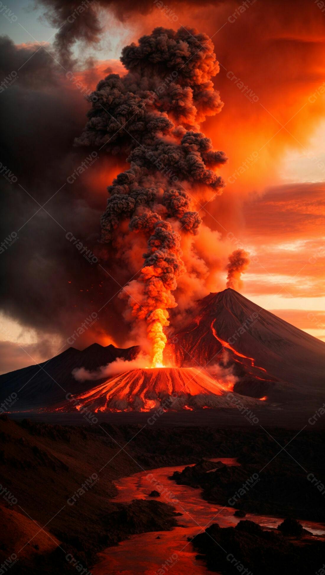 Vulcão em erupção ao entardecer