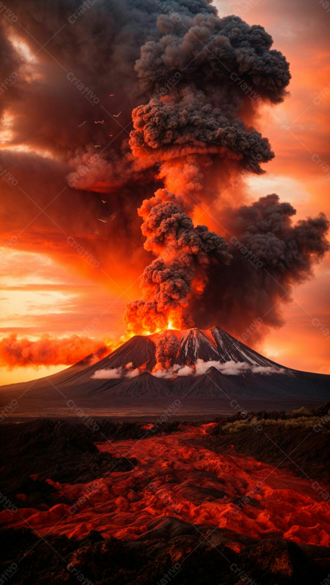 Vulcão em erupção ao pôr do sol