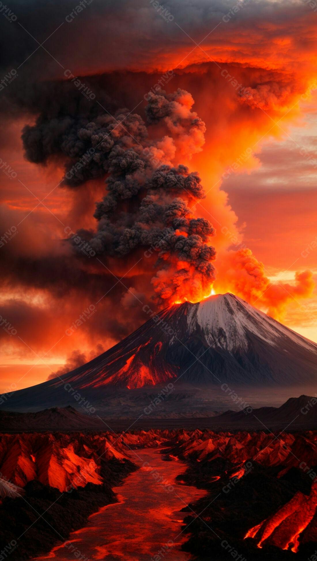 Vulcão em erupção ao entardecer