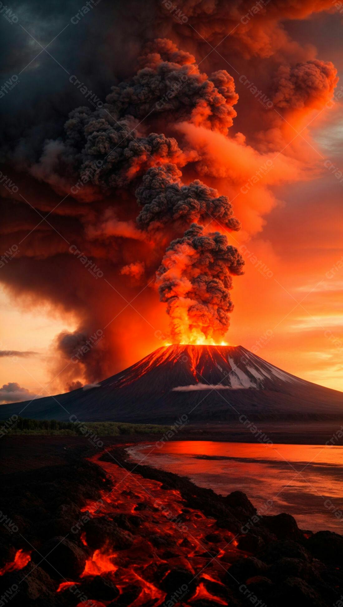 Vulcão em erupção ao amanhecer