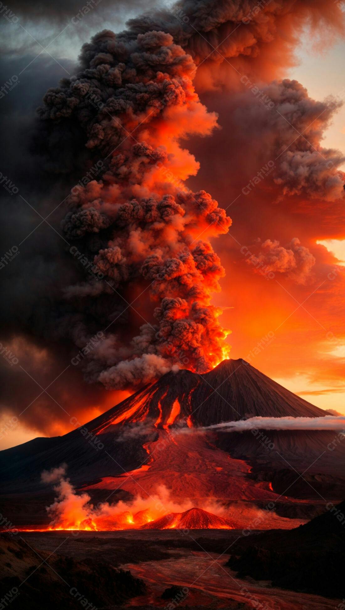 Vulcão em erupção ao entardecer