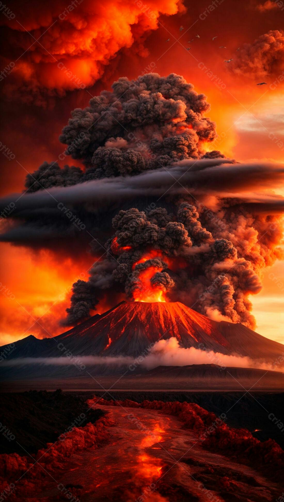 Vulcão em erupção com céu alaranjado