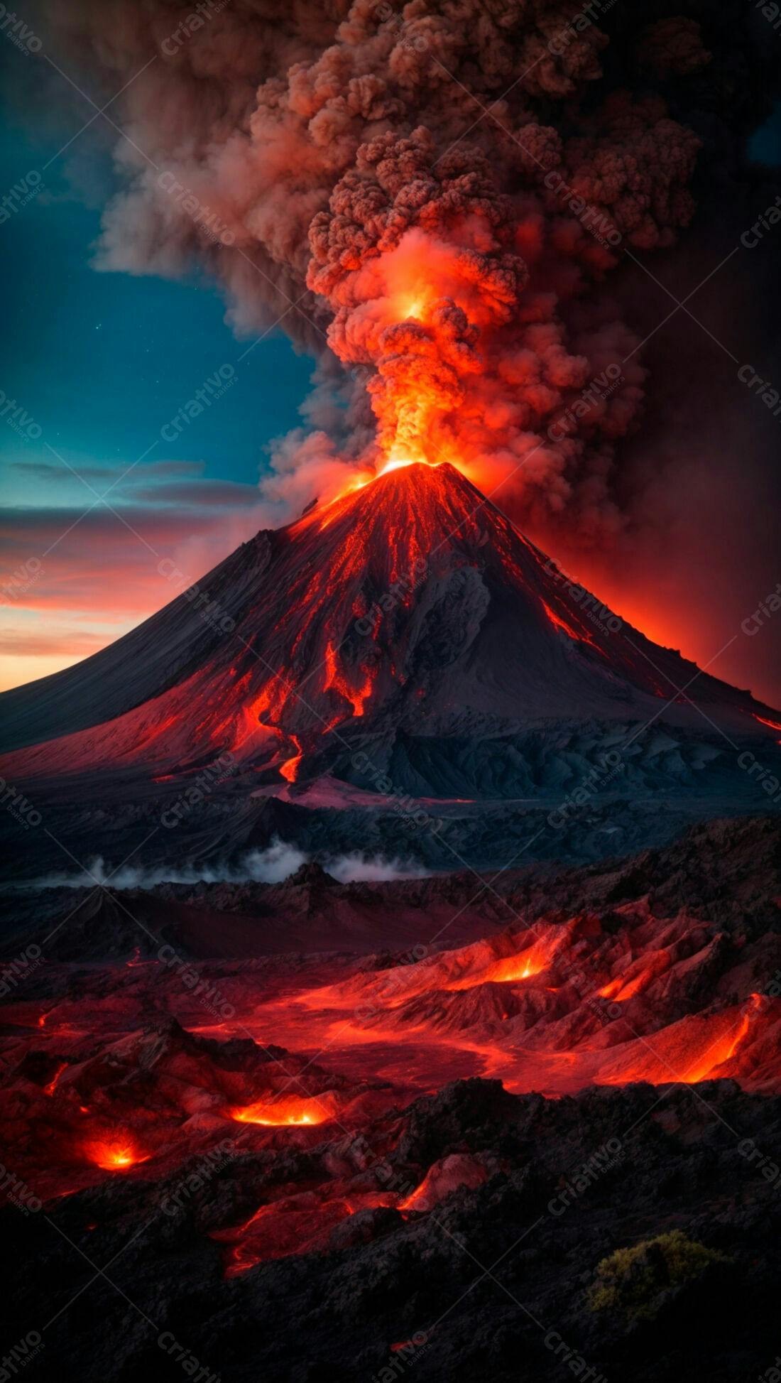 Vulcão em erupção noturna cores vibrantes