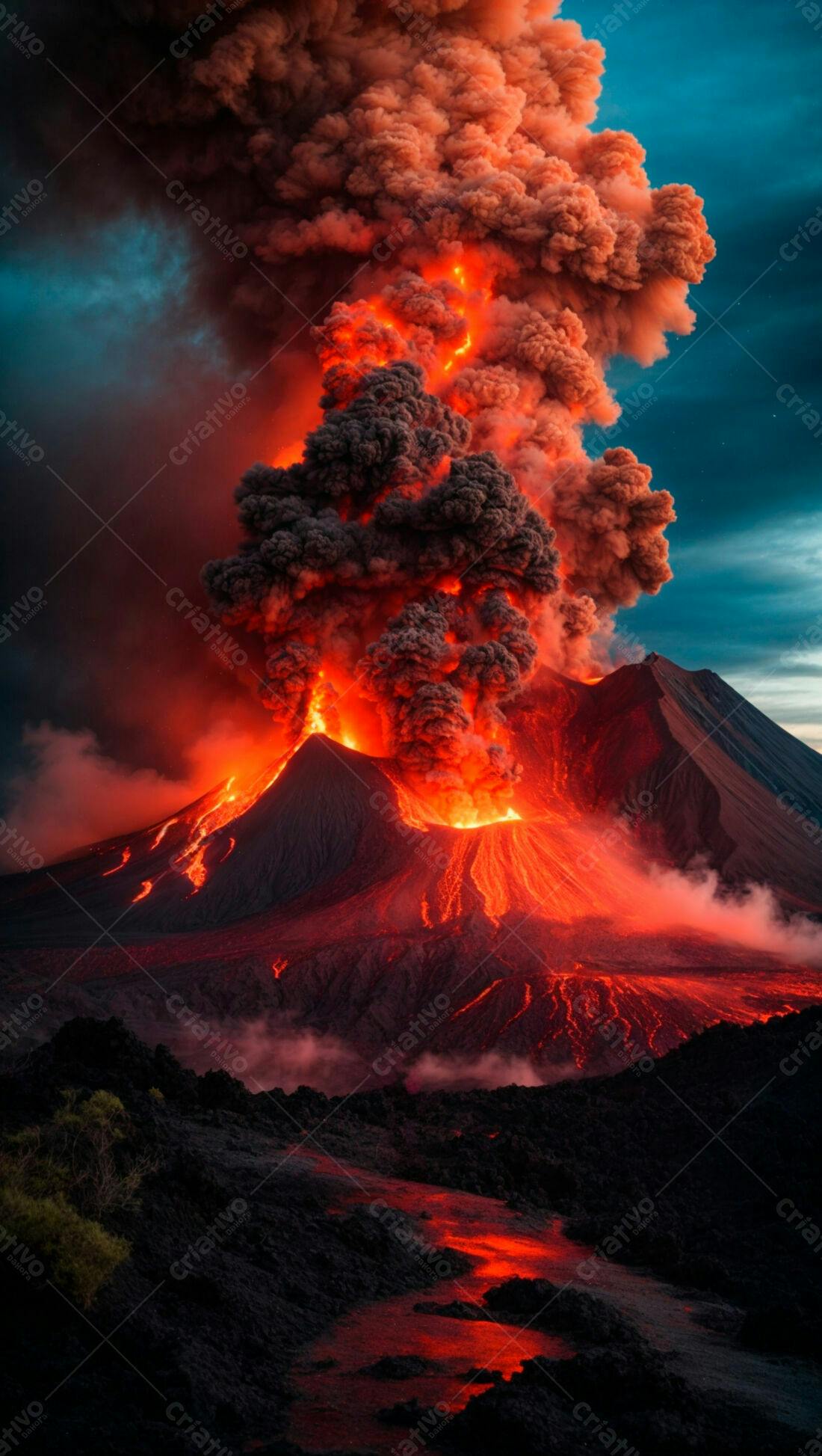Vulcão em erupção com lava e fumaça laranja