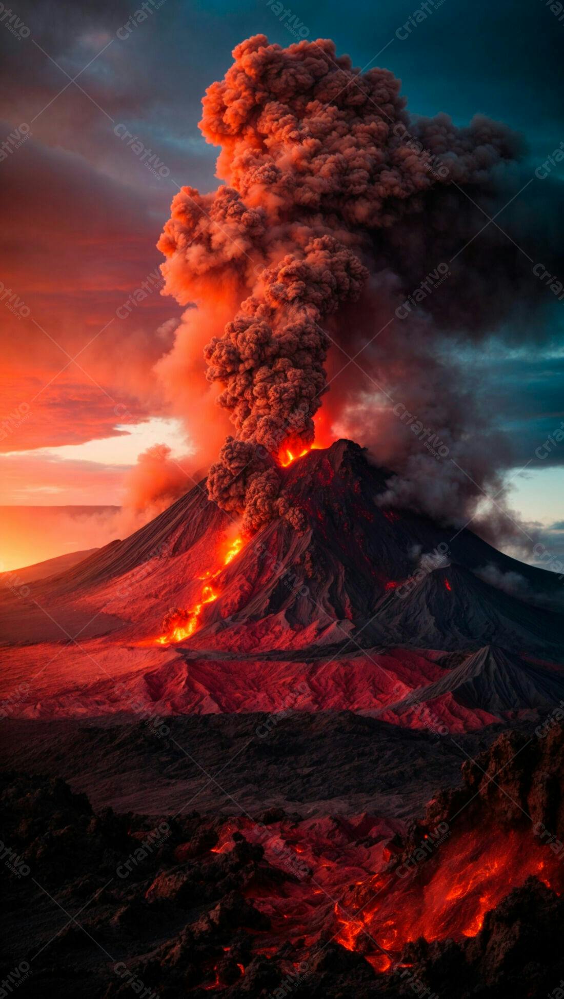 Vulcão em erupção ao entardecer