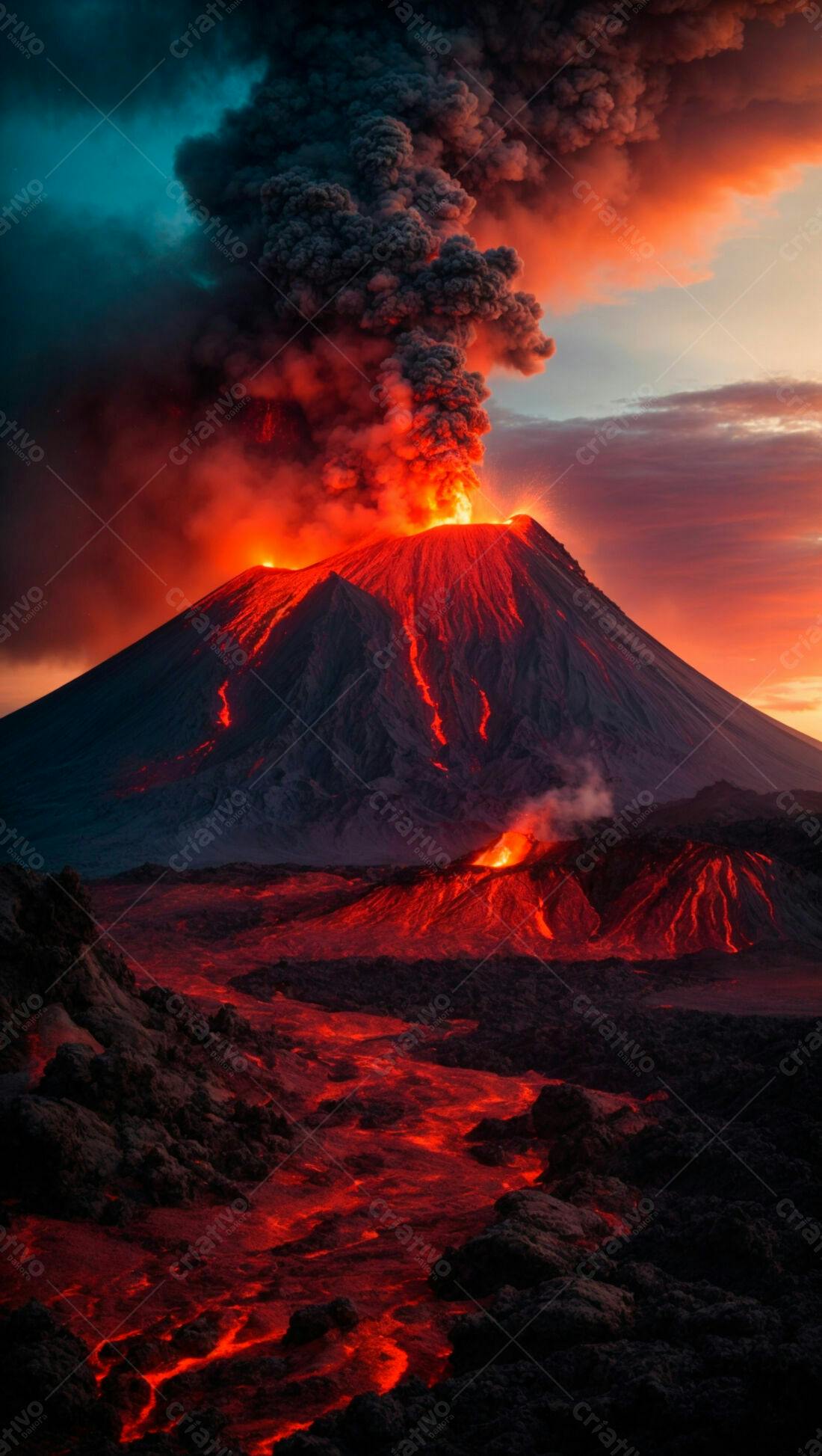 Vulcão em erupção ao pôr do sol
