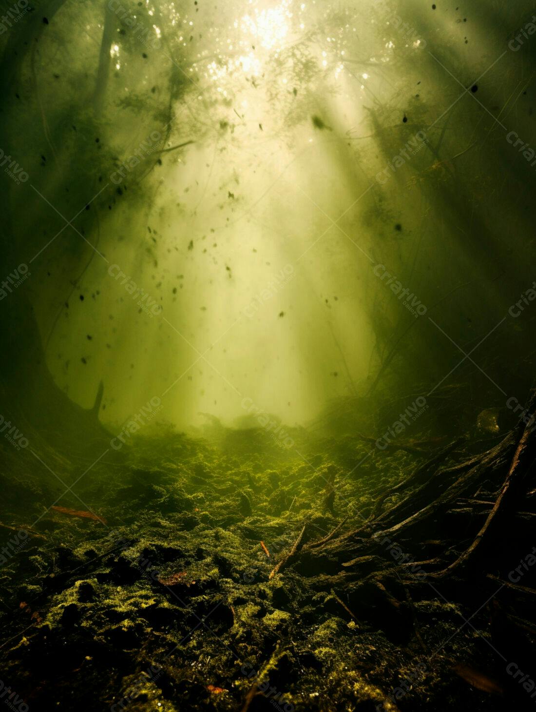 Raízes subaquáticas em floresta verde