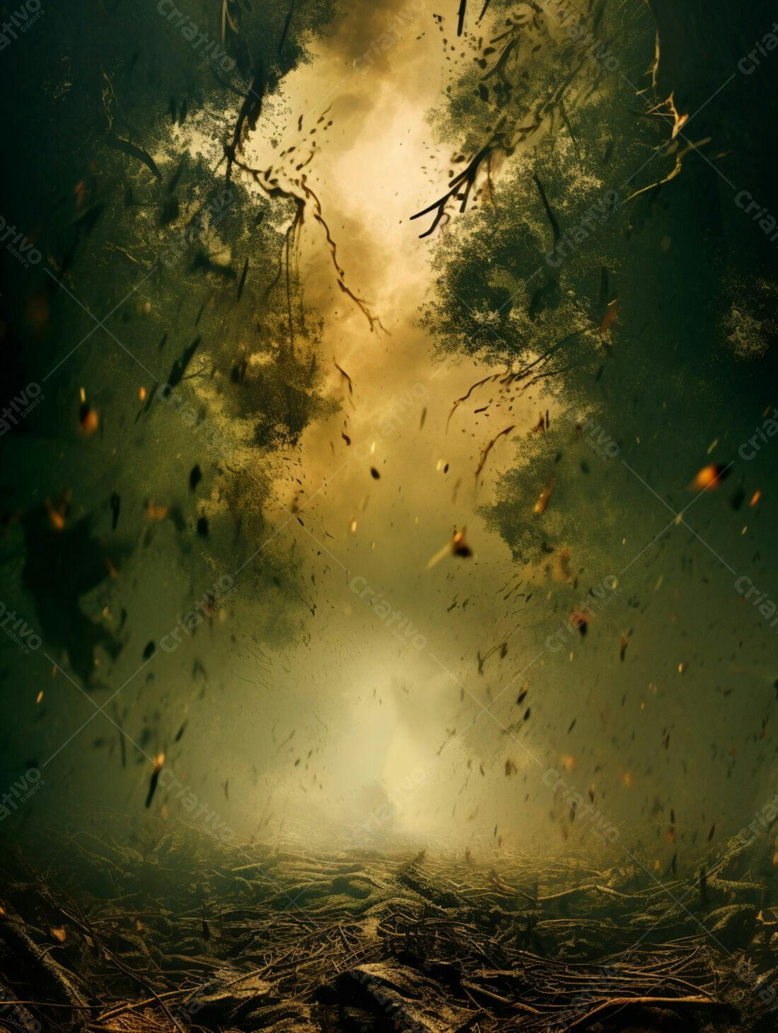Trilha na floresta com tempestade
